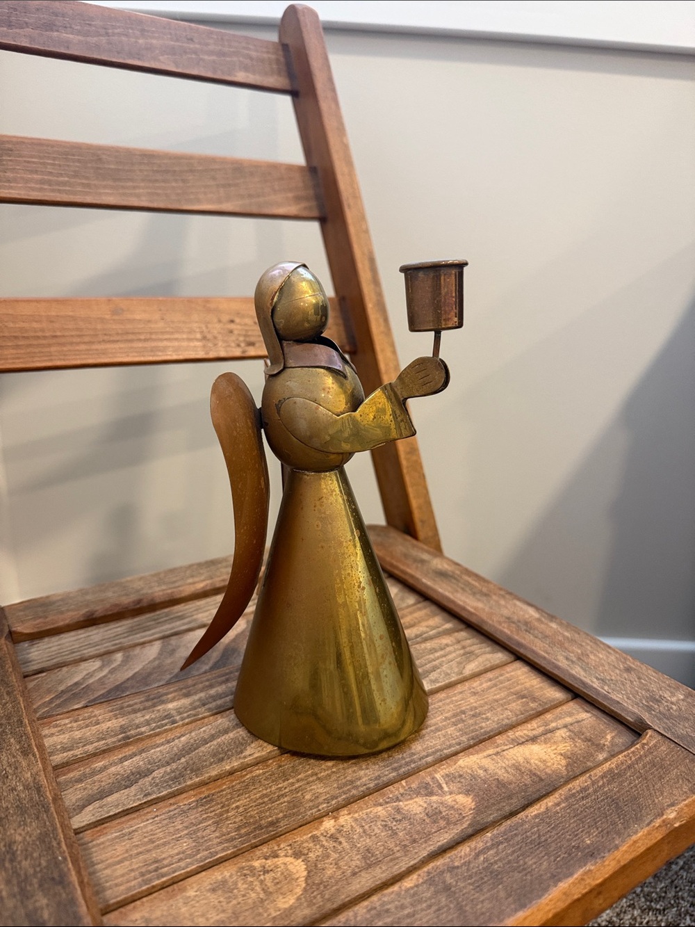 Vintage Mexican Brass & Copper Angel Candle Holder • 7” • Folk Art